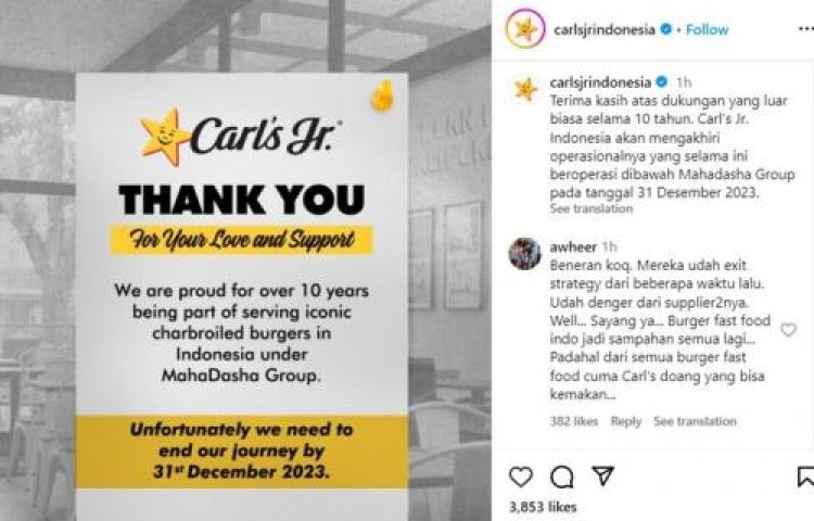 Carl's Jr Tutup Seluruh Gerai di Indonesia Setelah 10 Tahun Beroperasi